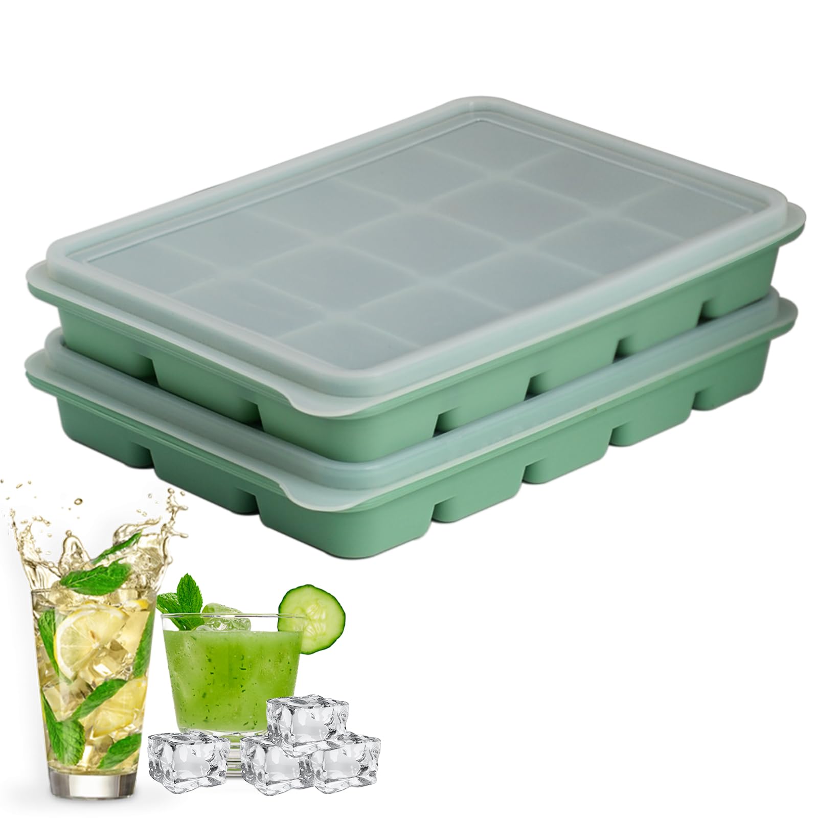 2 Vaschette Per Cubetti Di Ghiaccio In Silicone Con Coperchio - 30 Scomparti, Per Cocktail E Preparazioni (Verde Oliva)