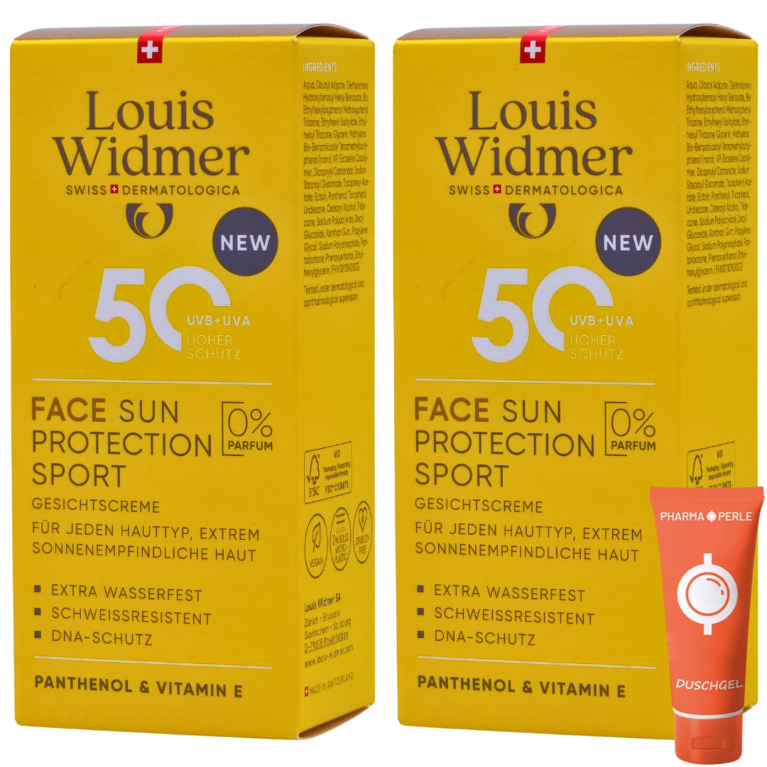 Louis Widmer Face Sun Protection Sport 50, 2x 50 ml I leichte, feuchtigkeitsspendende Gesichtsemulsion I extra wasserfest I schweissresistent I hoher UV-Schutz I Spar-Set plus Pharma-Perle give-away