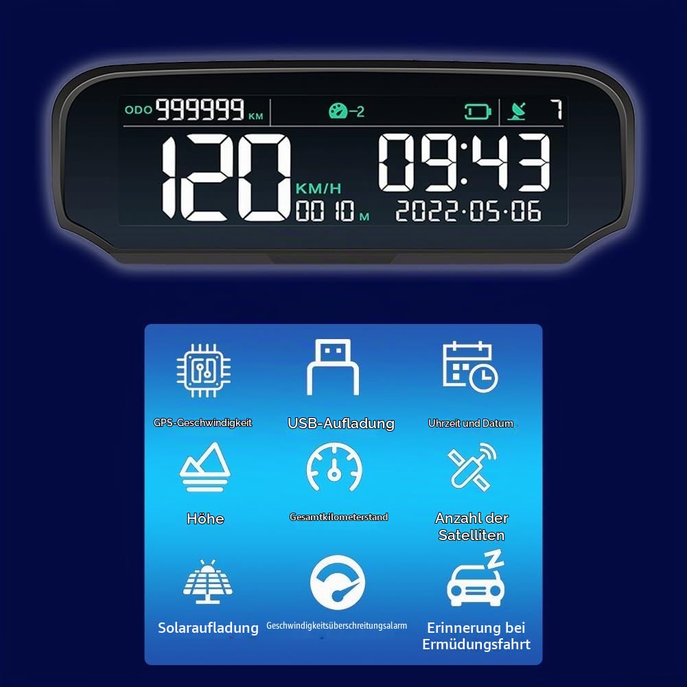 Auto Digital Head-up Display X100 mit Solar USB Power Fahrzeug GPS HUD für Geschwindigkeitsalarme Müdigkeit Fahrerinnerung Kompatibel mit allen Modellen