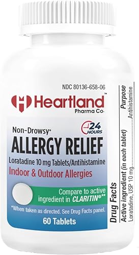 Loratadine - Tabletas para aliviar la alergia de 10 mg que no causan somnolencia durante 24 horas para alergias en interiores y exteriores, (2, 120