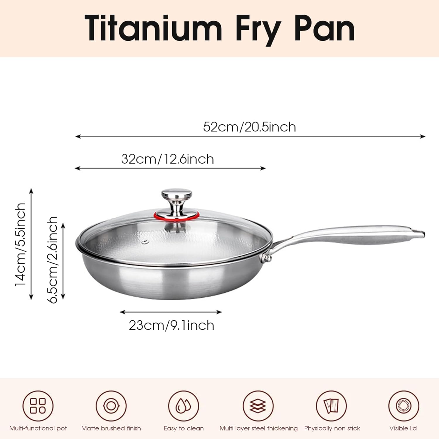 Frying Pan 12.6in Nonstick Even Heating Titanium Pan with Removable Handle Scratch-Resistant Titanium Skillet with Lid for All Stovetops