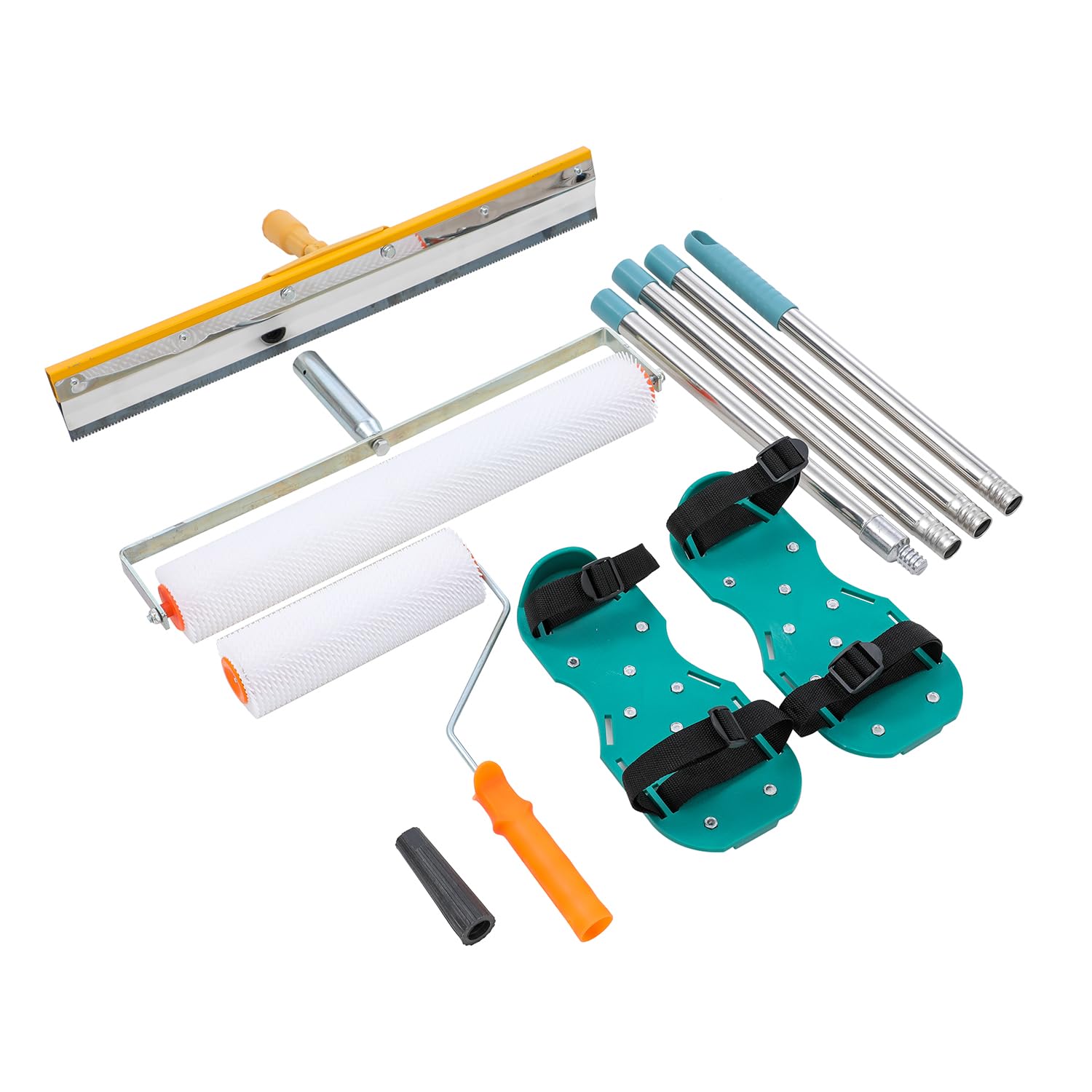 TOPWAY Self-Levelling Cement Tool Kit - 20" & 9" Epoxy Floor Paint Roller Tools + 56cm Stainless Steel Scraper Rake + 30cm Spiked Shoes + 1.6m Removable Extended Handle + Adapator