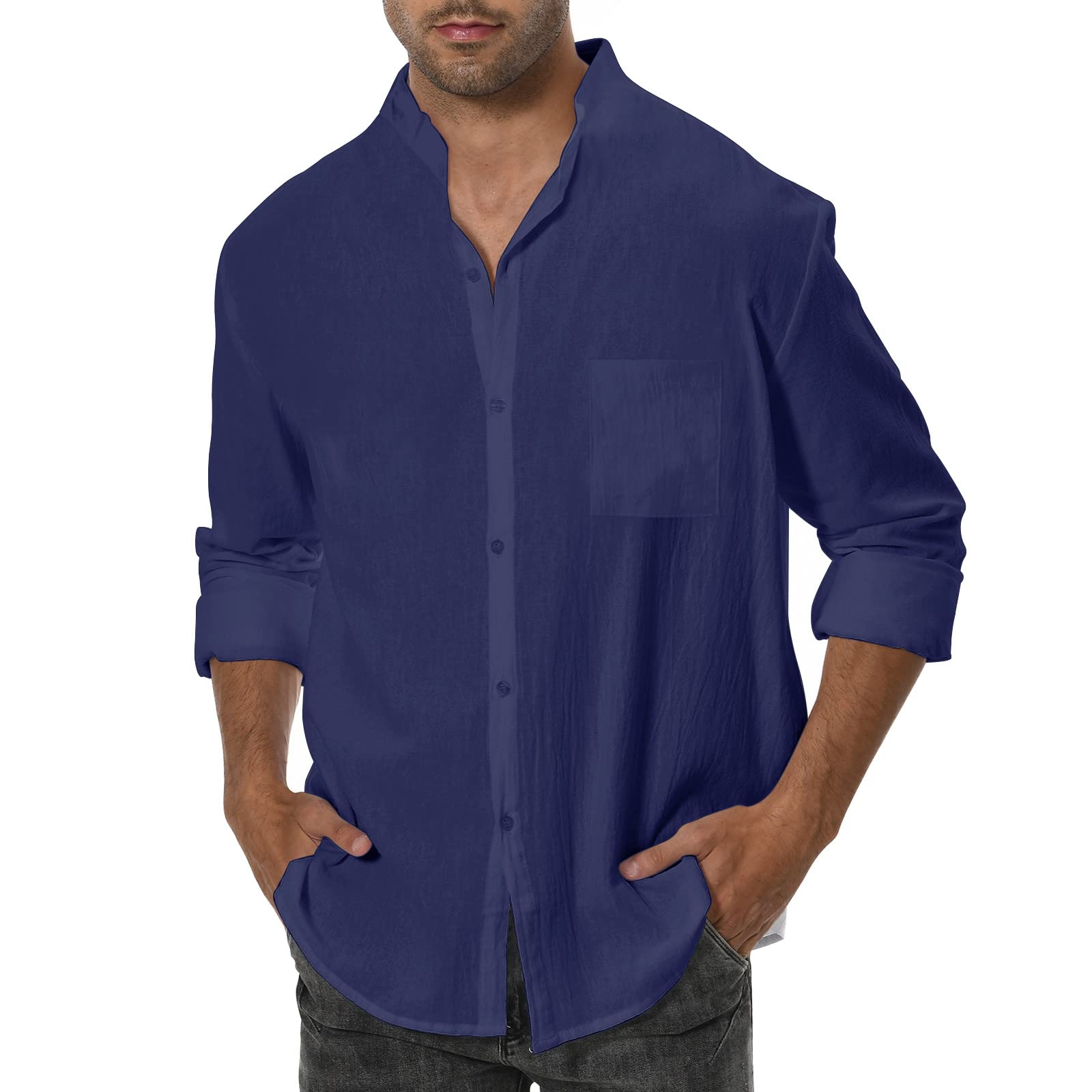 BOOMCOOL Long Sleeve Shirt Men Button Up Shirts for Men Linen Shirts for Men Casual Henley Neck Shirt