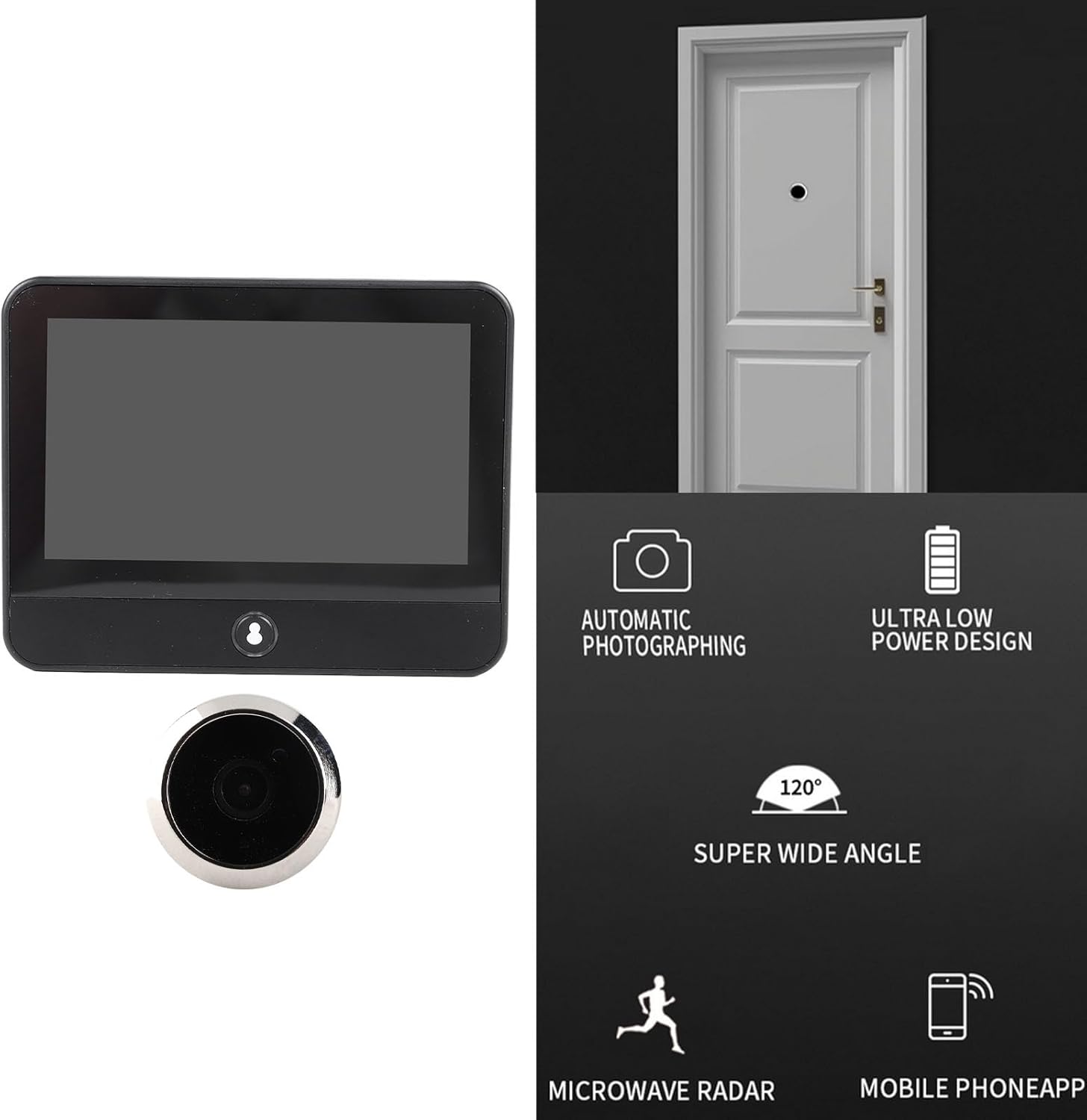 Graphic illustrating key features: Automatic Photographing, Ultra Low Power Design, 120 degree Super Wide Angle, Microwave Radar, Mobile Phone App.