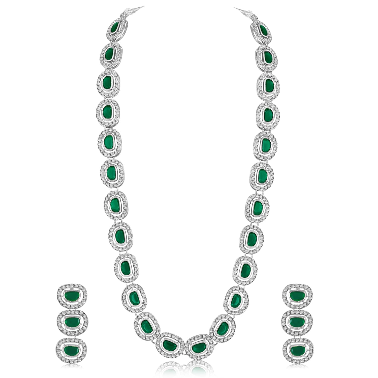 peora Silver Plated Cubic Zirconia & Synthetic Stone Studded Long Necklace Drop Earrings Jewellery Set for Women Girls-picture-56