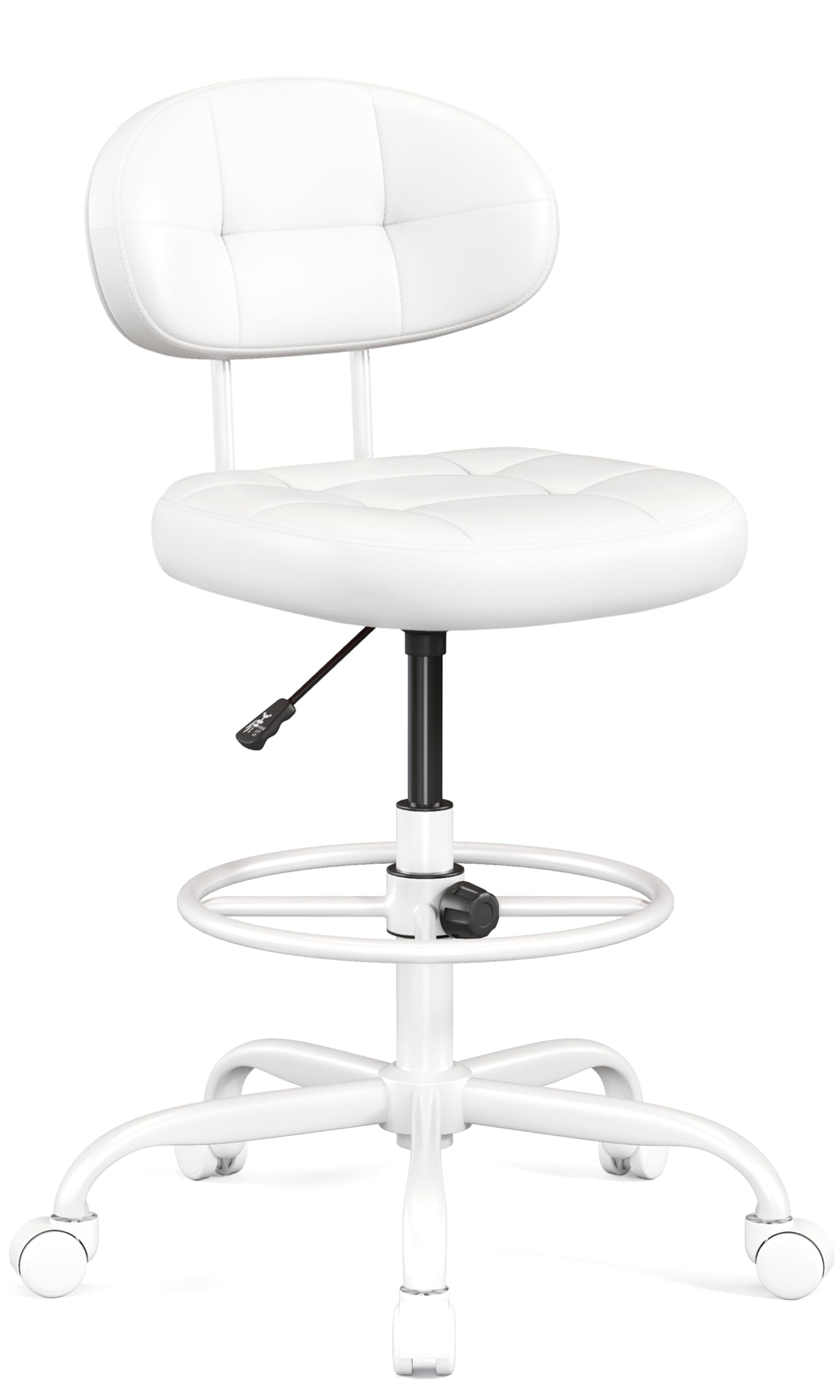 Misolant Drafting Chair, Armless Tall Office Chair with Footrest Ring for Standing Desk, Small Faux Leather Executive Computer Chair with Adjustable Height for Bar Lab Counter Height Desk, White