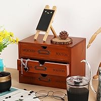 Vista 4 de Caja de almacenamiento de madera, organizador de escritorio rústico con 3 cajones, accesorios de escritorio de oficina, estante pequeño