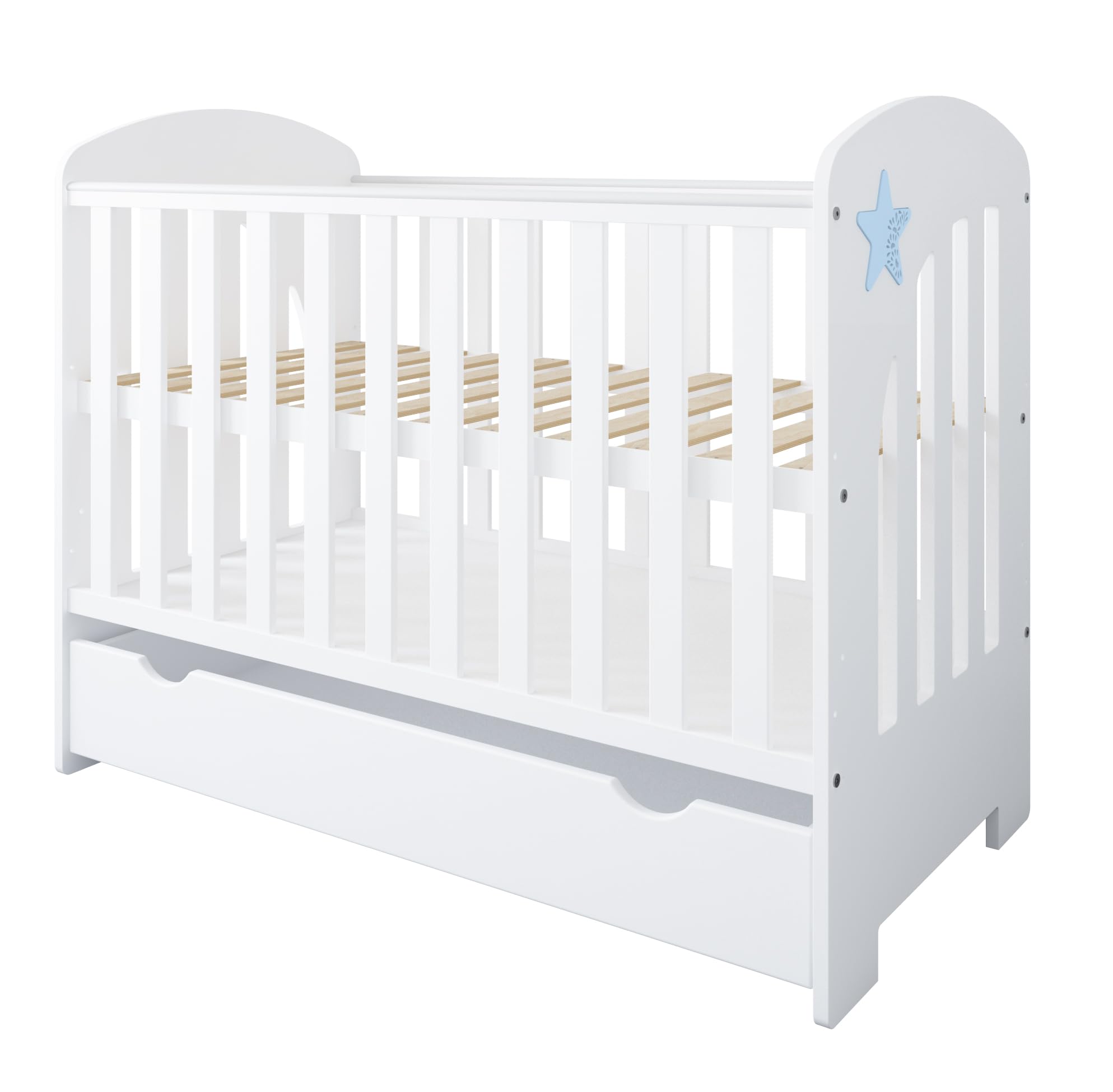 zee STAR Łóżeczko 2w1 120x60 cm białe z szufladą i barierką | Łóżeczko 2w1, powierzchnia 120x60 cm, szuflada z osłoną, 3 poziomy materaca, wyjmowane szczebelki, niebieska gwiazdka
