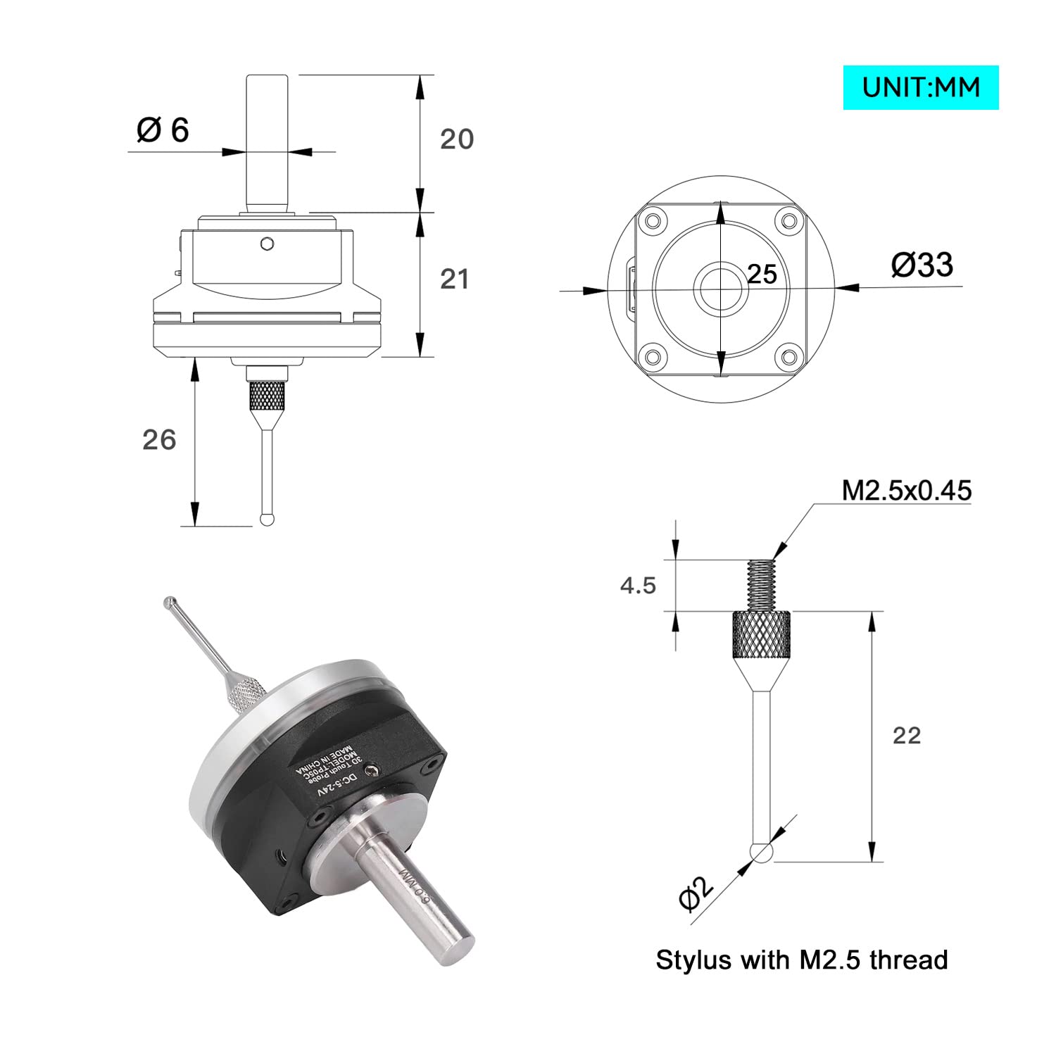 RATTMMOTOR Kantentaster,3D-Taster Kantensucher,CNC Messtaster Werkzeuglängensensor,DC 5–24 V,6mm Schaft,mit 2M-Kabel, kompatibel mit CNC Mach3 und GRBL (V5-Serie)
