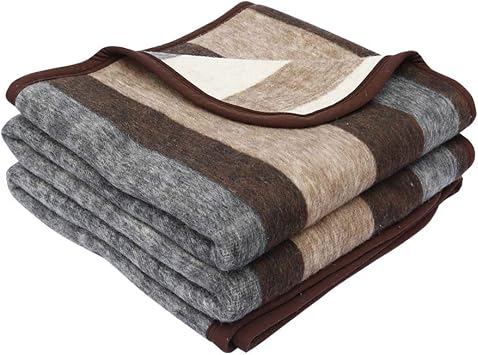 Alpaca Warehouse 100% Natural Alpaca and Sheep Wool Blanket King Size Thick Heavyweight Comfortably Warm - Great for Outdoor Use - Striped Design 103" x 90" Beige/Brown/Gray, King