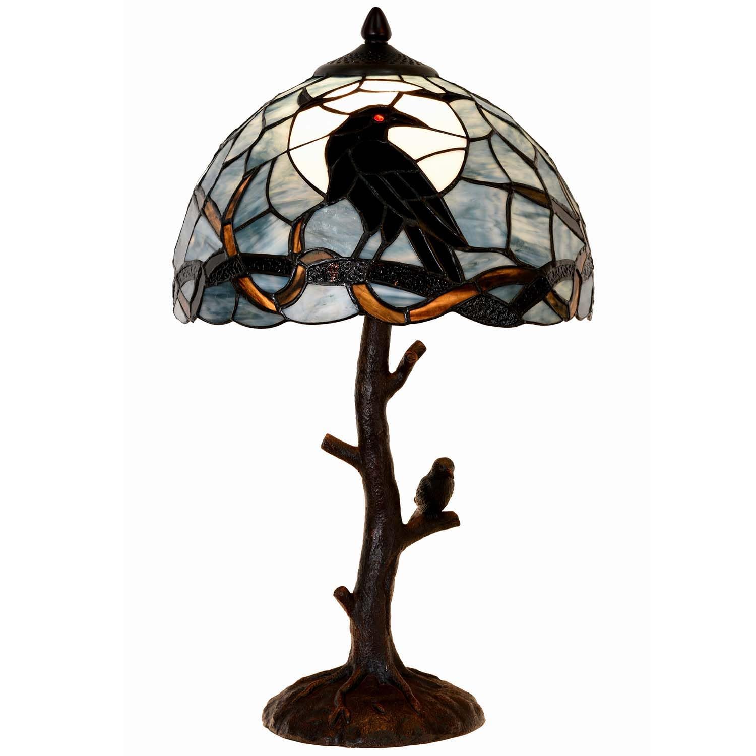Bieye L50956 Raven Sitting on Bare Tree Branch in Full Moon Night Tiffany Style Stained Glass Table Lamp for Home Decor (Dark Blue, 16Wx24H Nest)