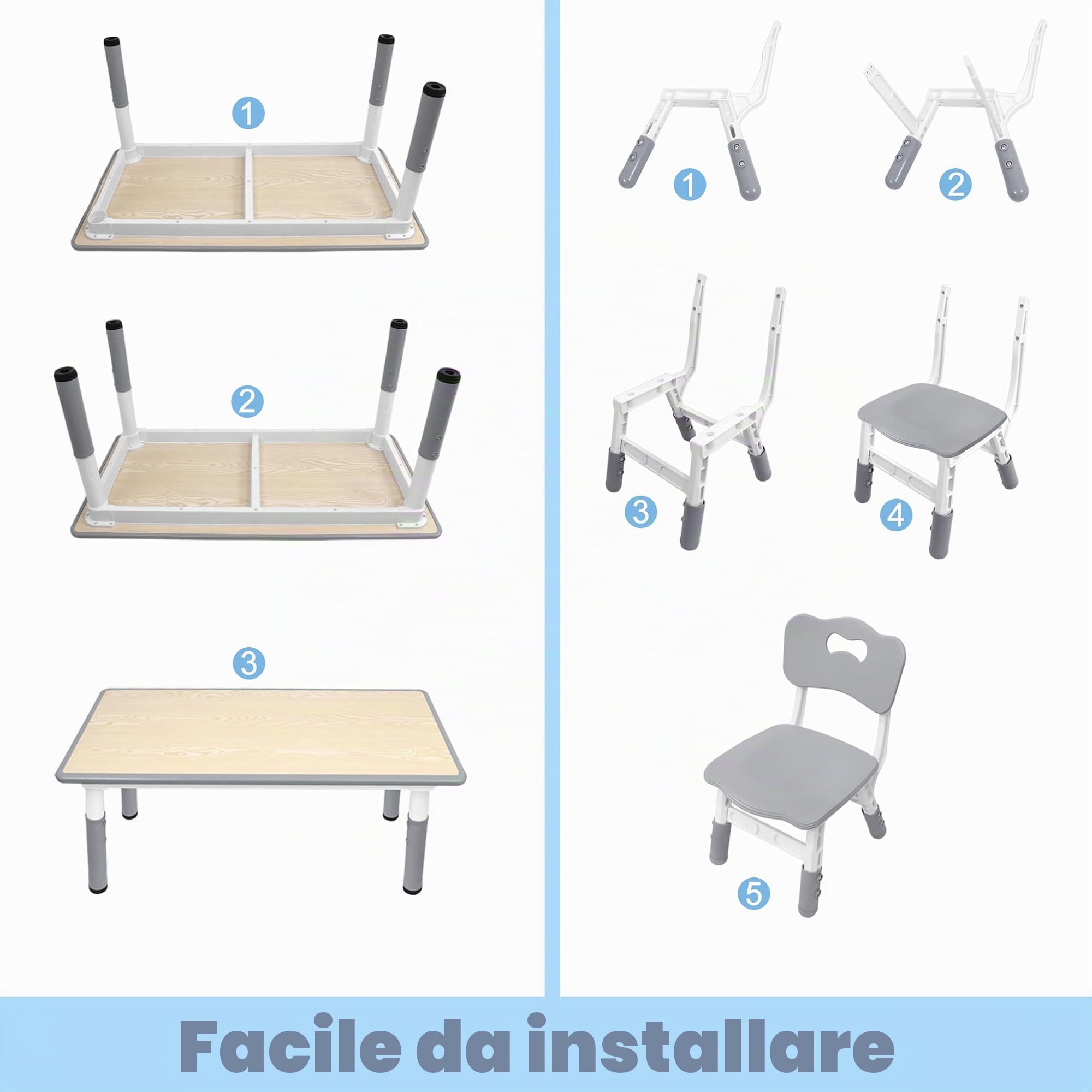 UISEBRT Tavolo per bambini con 4 sedie, regolabile in altezza, per bambini dai 2 anni in su, set da tavolo in plastica, mobili per bambini per l'asilo e la cameretta dei bambini, grigio