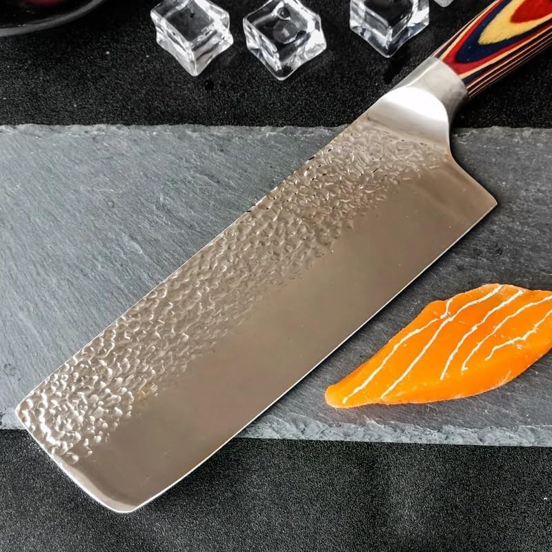 Meat Cleaver,Cleaver Knife 7 Inch Forged Hammer Pattern Nakiri Knife 1.4116 German Steel Pakkawood Handle Sharp Japanese Slicing Chef Kitchen Knife