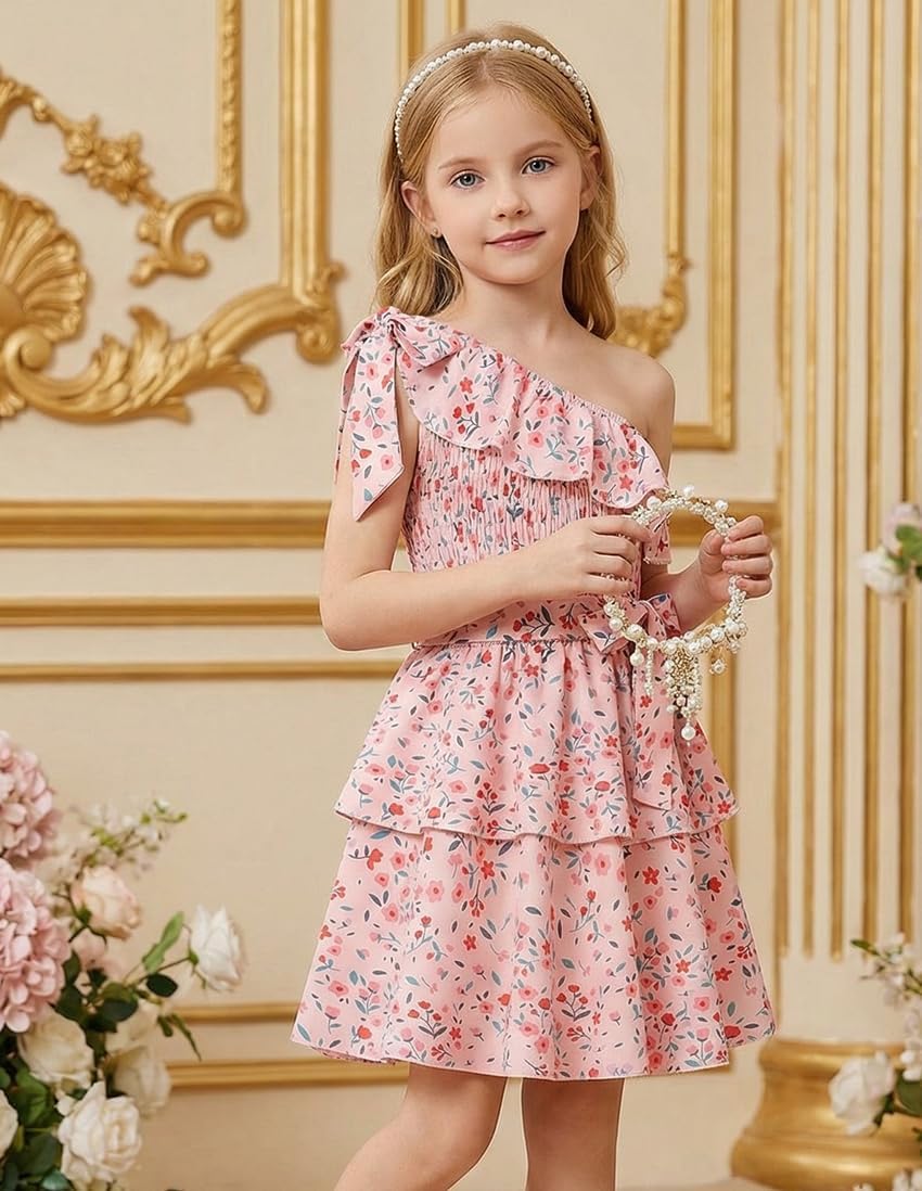 GRACE KARIN Girls Summer Spring Dress Kids One Shoulder Floral Dresses Teen Cute Party Flower 2 Layer Hawaiian Clothes 6-14 - Image 5
