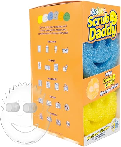 Miniatura 1 de Scrub Daddy Colors 6ct + Daddy Caddy - Esponja multiusos para platos sin arañazos + soporte para esponja, sin BPA y fabricada con espuma de