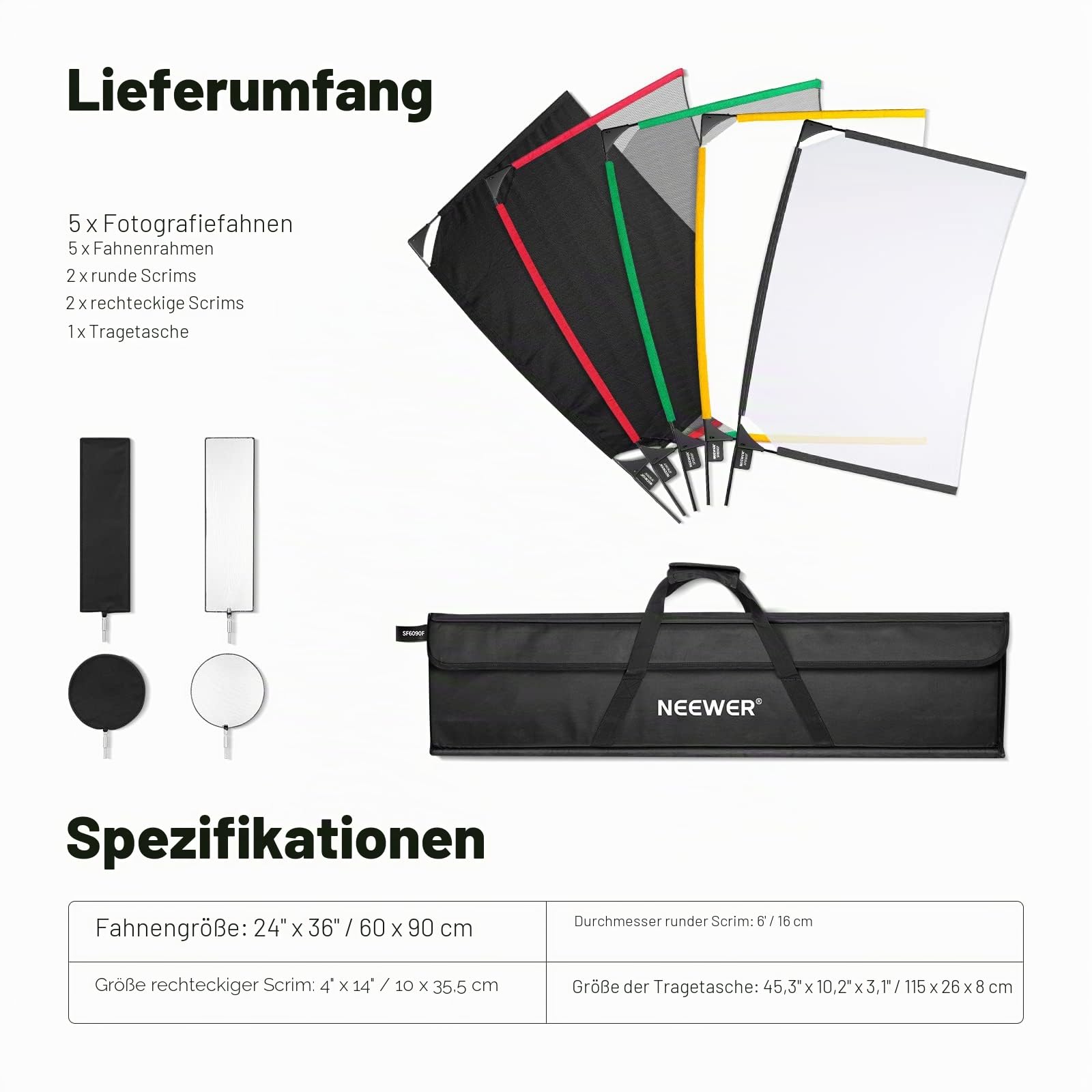 NEEWER SF6090F 5 in 1 Faltbare Fotografie Flaggen-Kit Reflektor Lichtmodifikator für weiche und Diffuse und helle Effekte inklusive Tragetasche
