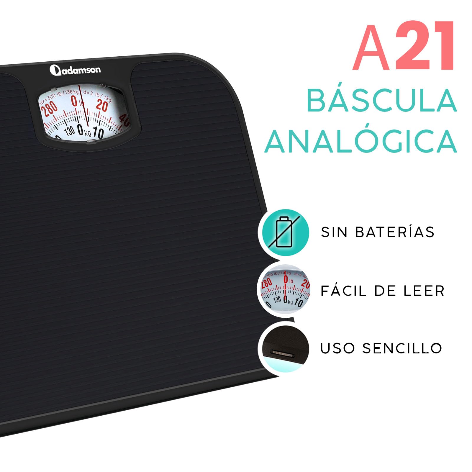 Adamson A21 Bascula de Baño Analogica - Hasta 136 KG - Superficie de Goma Antideslizante - Bascula Analogica - Duradera Con Garantía de 20 Años - Negro Completo