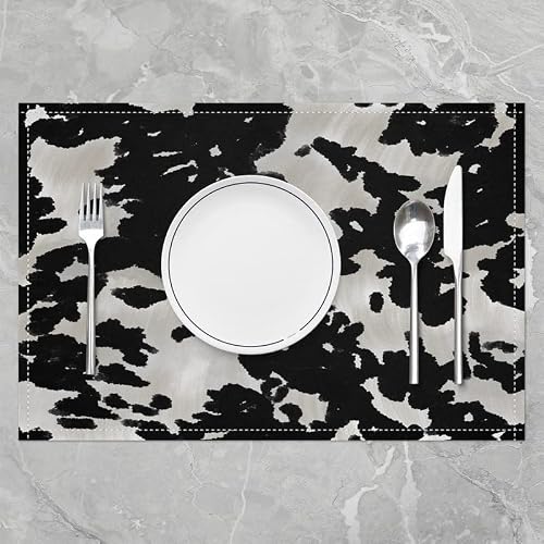 Jejeloiu Cow Print Placemats 12"X18",Black White Table Place Mats Set Of 4,Cartoon Milk Cow Animal Farmhouse Indoor Outdoor Kitchen Dinner Party Decor Table Mats #TOP1