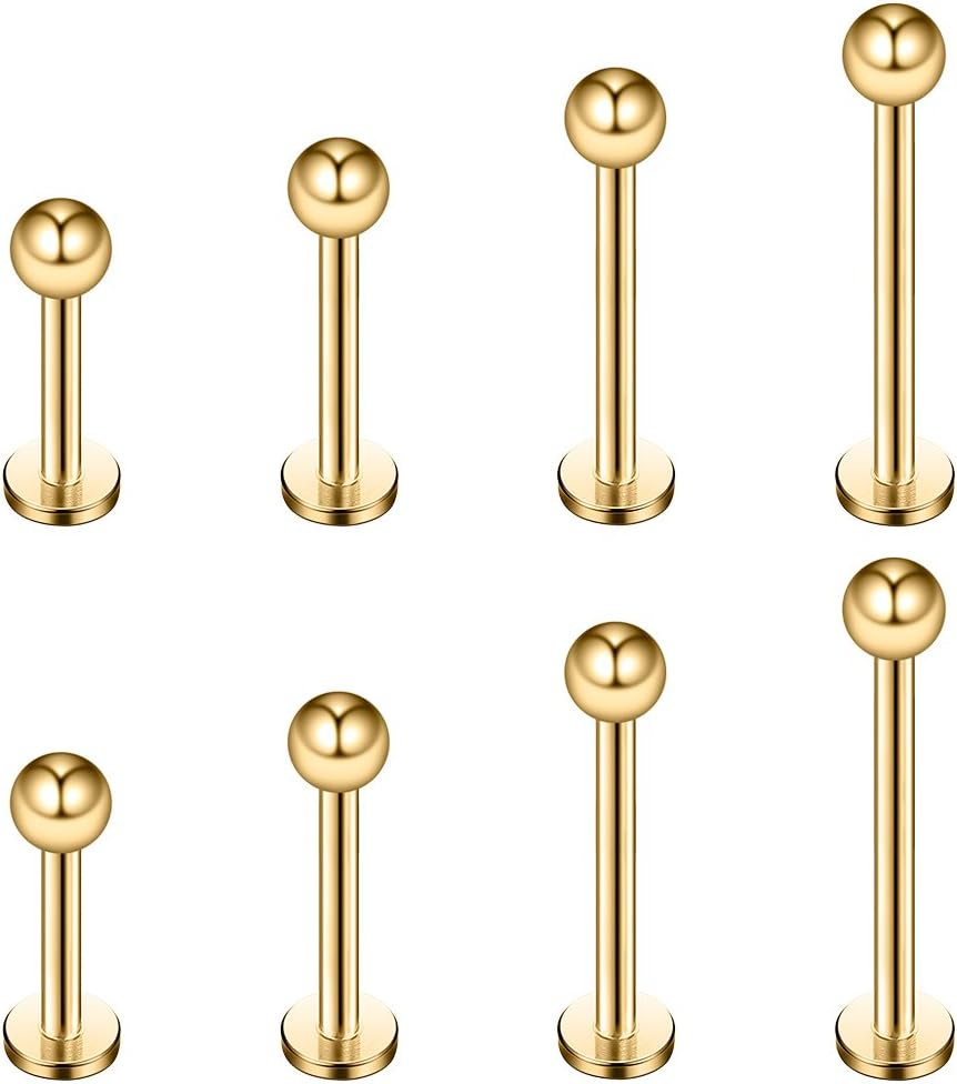 Ruifan 4prs(8pcs) 16G 316L Stainless Steel 3mm Ball Labret Monroe Lip Tragus Helix Earring Stud Barbell Ring Body Piercing Jewelry Kit Bar Length 6mm/8mm/10mm/12mm