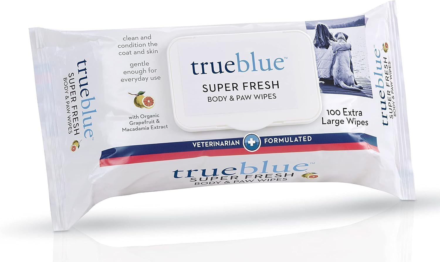 TrueBlue Super Fresh Body and Paw Wipes for Dogs and Puppies - Clean Dirty Paws and for deodorizing - Extra Large, Non-Toxic - 8"x7" - 100 Count