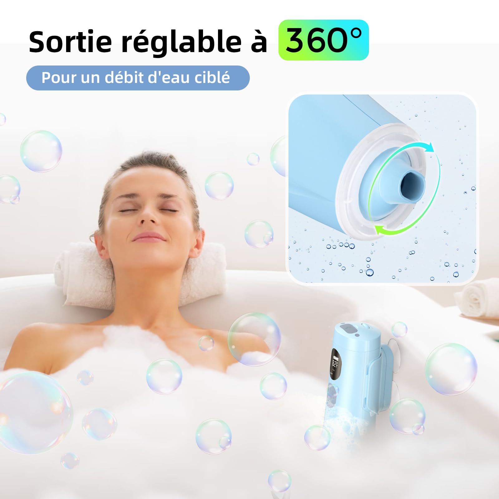 Spa de bain jet avec mode mousse, jet d'eau à 3 niveaux, 7 couleurs RVB, IP67, affichage de la température, plaisir du bain en famille à la maison