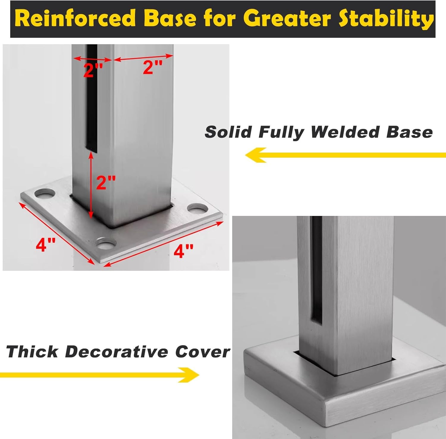 Brushed 304 Stainless Steel Glass Railing Post, 32" No-Punch Clamp for 3/8"-1/2" Glass with Rubber Gasket, 2"x2" Indoor/Outdoor Balustrade - Sapphire Finish