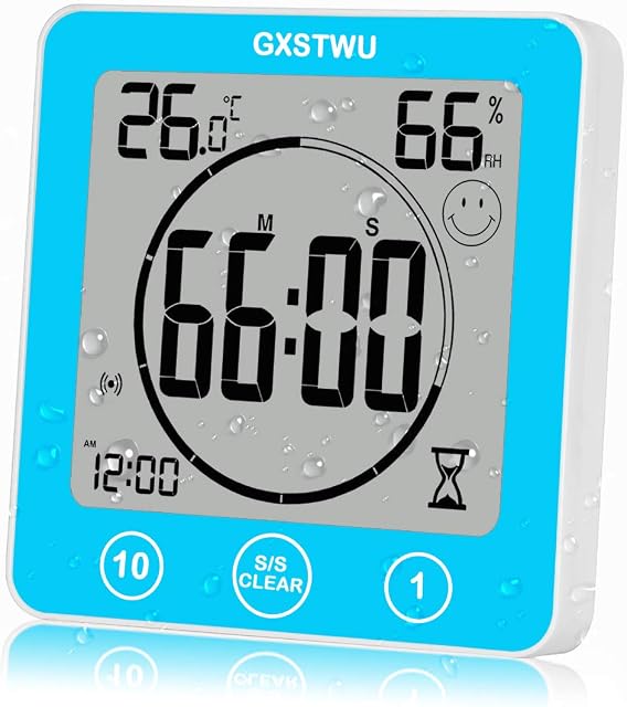 GXSTWU Digital Timer Shower Clock Waterproof Clocks for Bathroom Kitchen Timer Clocks Thermometer Hygrometer Wall Clock with Suction Cup Hanging Hole Stand Magnet Blue