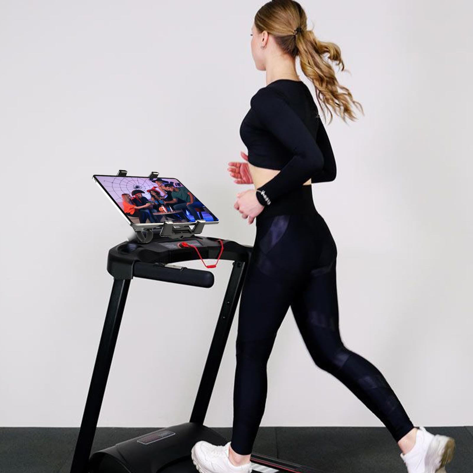 Supporto per tablet per tapis roulant, morsetto regolabile per cyclette e passeggini, supporto per telefono in lega di alluminio girevole a 360°, supporto sicuro e antiscivolo, per palestra domestica