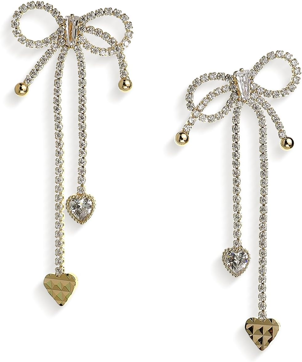 Sonateomber Bow Dangle Drop Tassel Earrings for Women Girls Elegant Sparkly Cubic Zirconia Chain Fringe Earings Ribbon Pearl Heart Dangling Valentine Prom Wedding Fashion Jewelry Gifts
