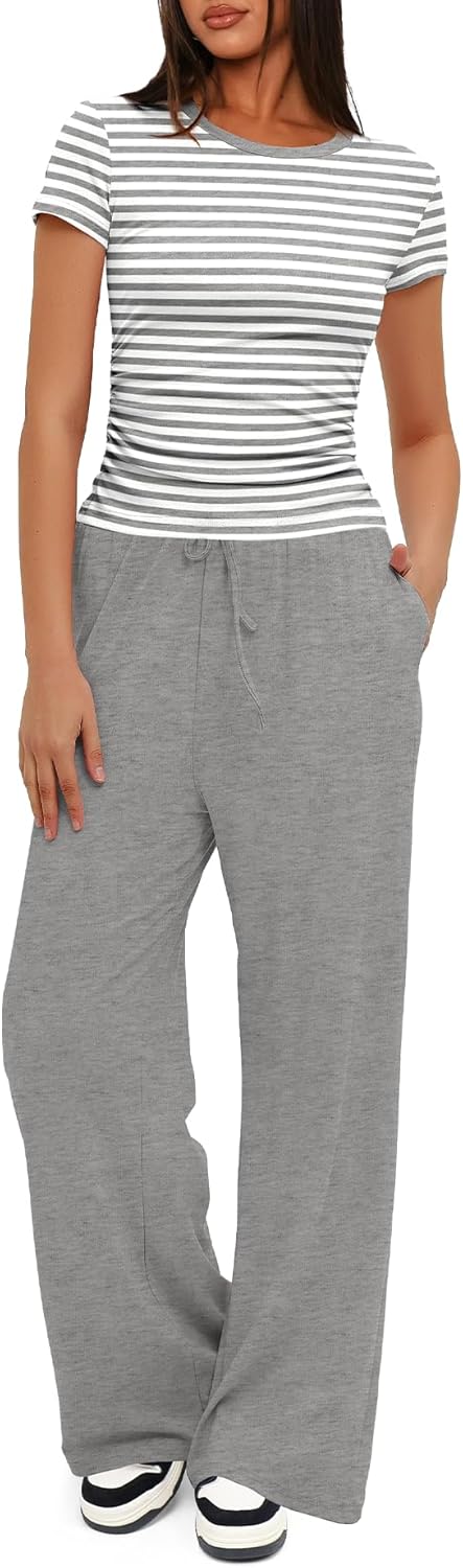 Darong Women's 2 Piece Set Outfits Lounge Sets Ruched Short Sleeve Tops High Waisted Wide Leg Pants Tracksuit Sets