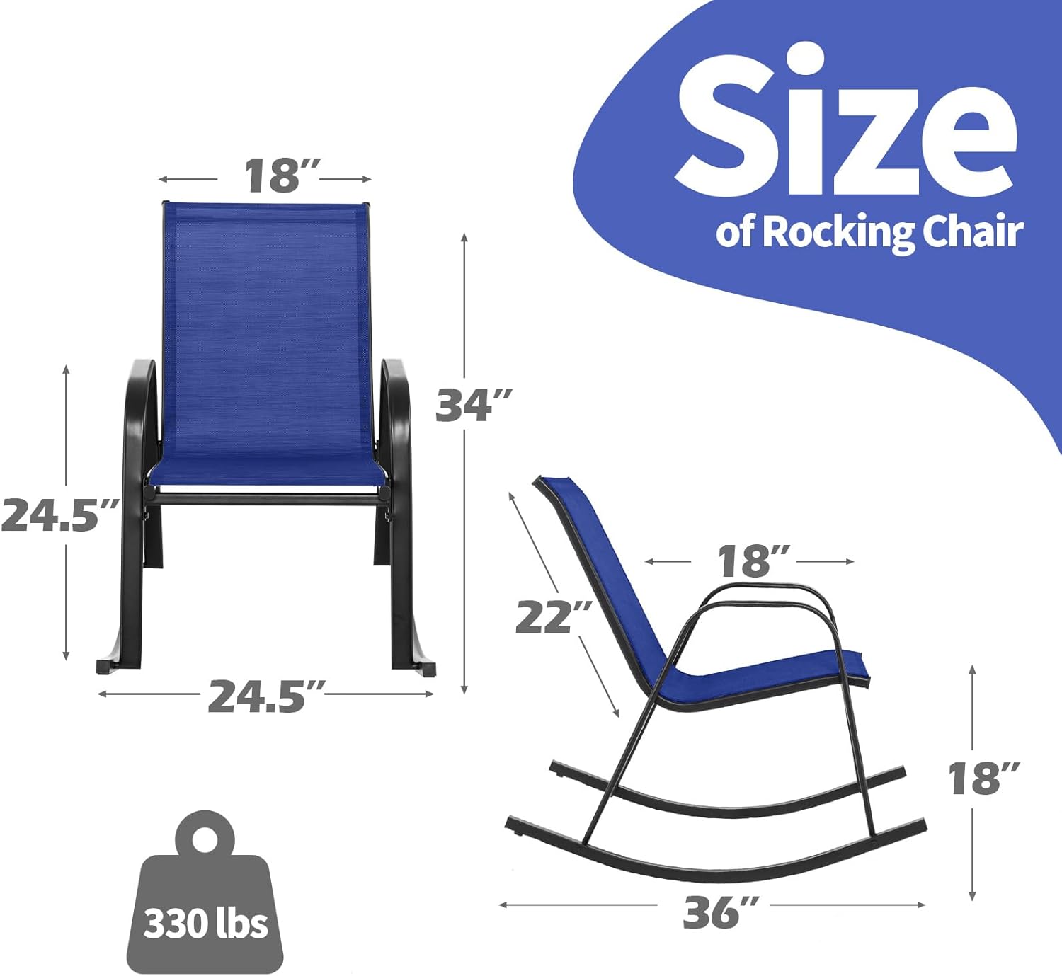 Outdoor Rocking Chair, Heavy Duty Ergonomic Rockers w/Metal Frame & Breathable Fabric, Patio Rocking Chairs Set of 2 for Lawn, Garden, Yard, Deck, Front Porch, Balcony, Poolside (1, Navy)