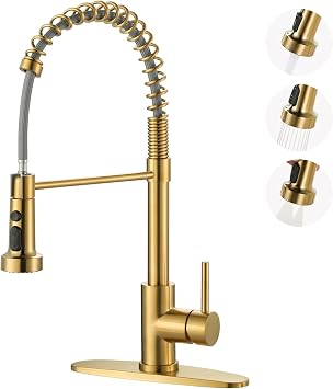 Kitchen Faucets with Pull Down Sprayer Brushed Gold 3-Function Kitchen Sink Faucet for 1 or 3 Hole - Stainless Steel Single Handle Spring Kitchen Faucets with Deck Plate for Farmhouse RV Laundry