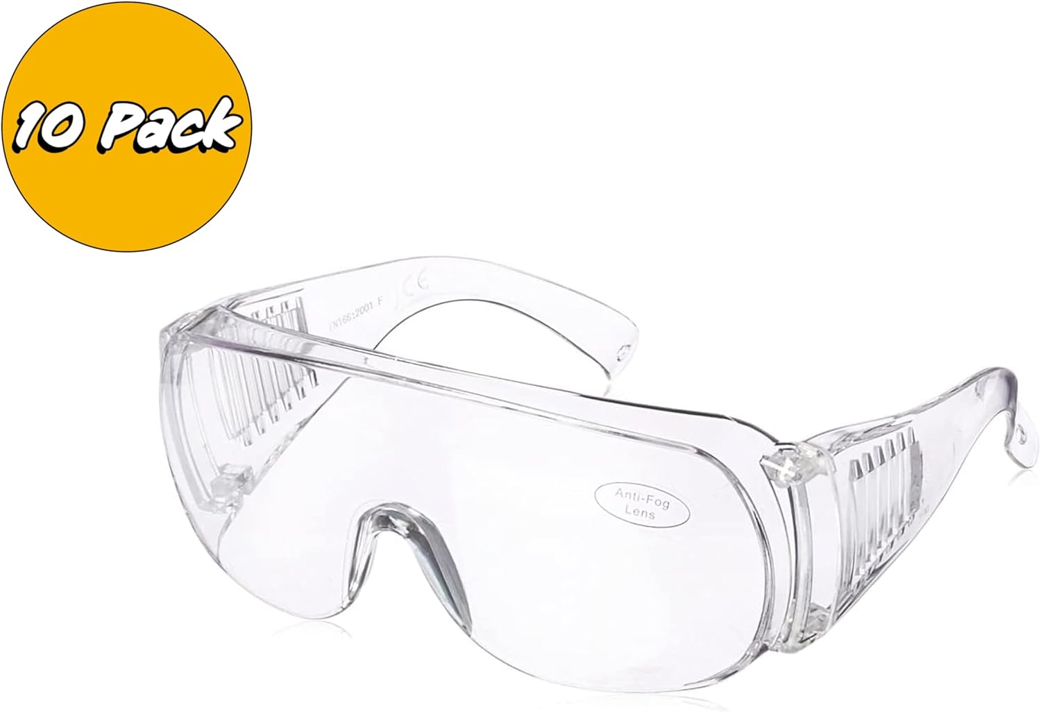 EMI # 412-10 Protective Safety Glasses – Over-Prescription Fit, Brow Guard, Vented Temples, Clear Lenses for Nurses, Labs & Medical Use - 10 Pack