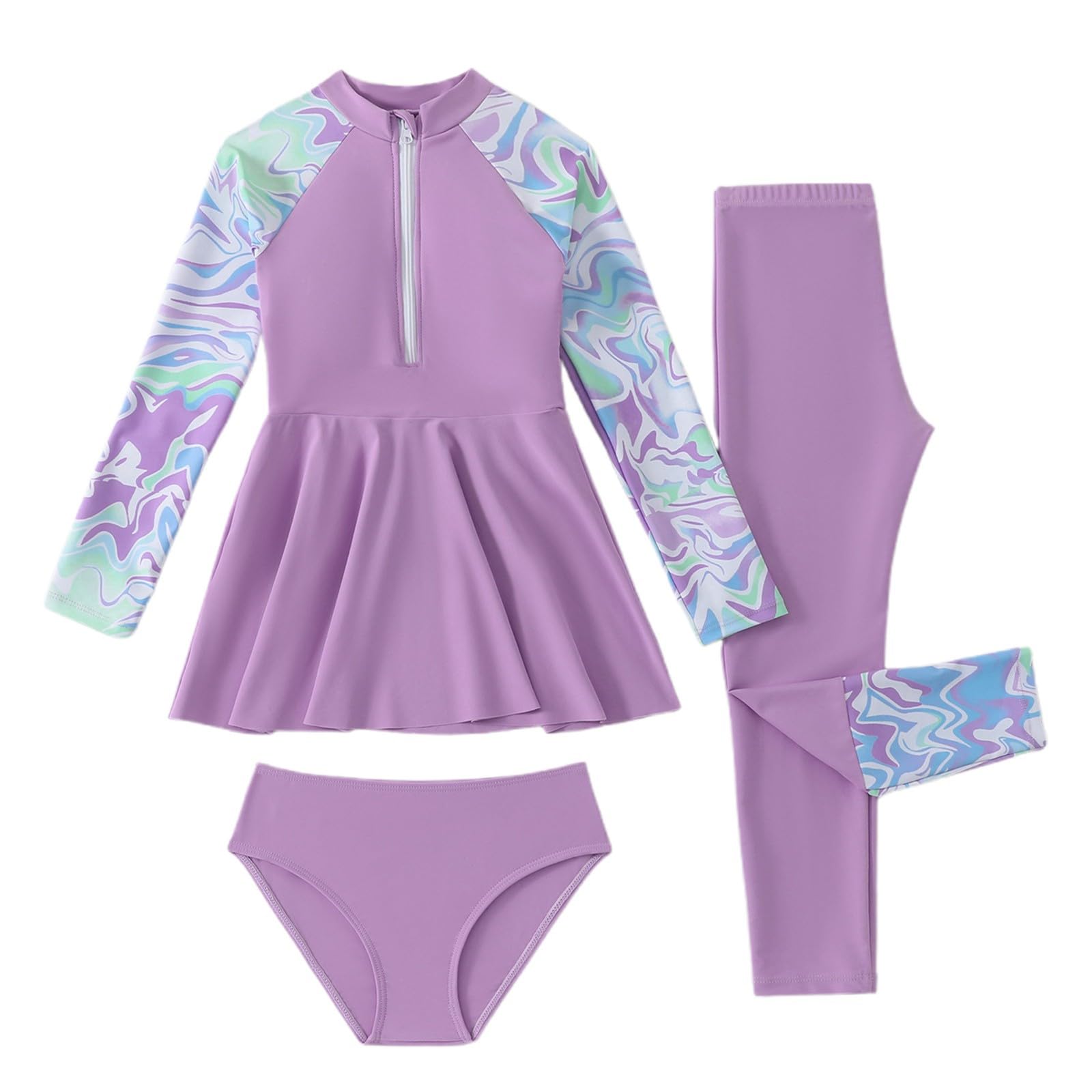 Generico Costume Tre Pezzi Ragazza Manica Lunga Pantaloni Lunghi con Cuffia per Nuoto Mare Piscina Costume Tre Pezzi Bambina Protezione con Design Moderno E Confortevole