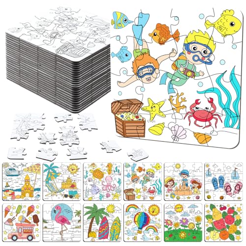 Realspring 24 Pack Color Your Own Jigsaw Puzzles for Kids 3-5, 4-6, 6-8, Coloring Crafts DIY Paper Puzzles Party Favors Gifts for Toddler Children Learning Education Toys(Summer) by Realspring - Used condition - US$15.83