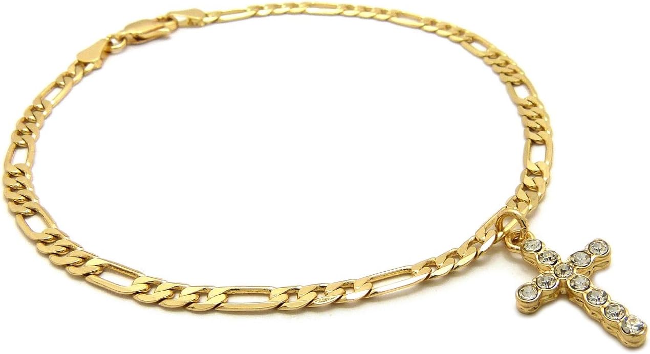 CBC Crown Stone Studded Egyptian Ankh and Cross Anklet 10" Figaro Chain Anklet in Gold Tone