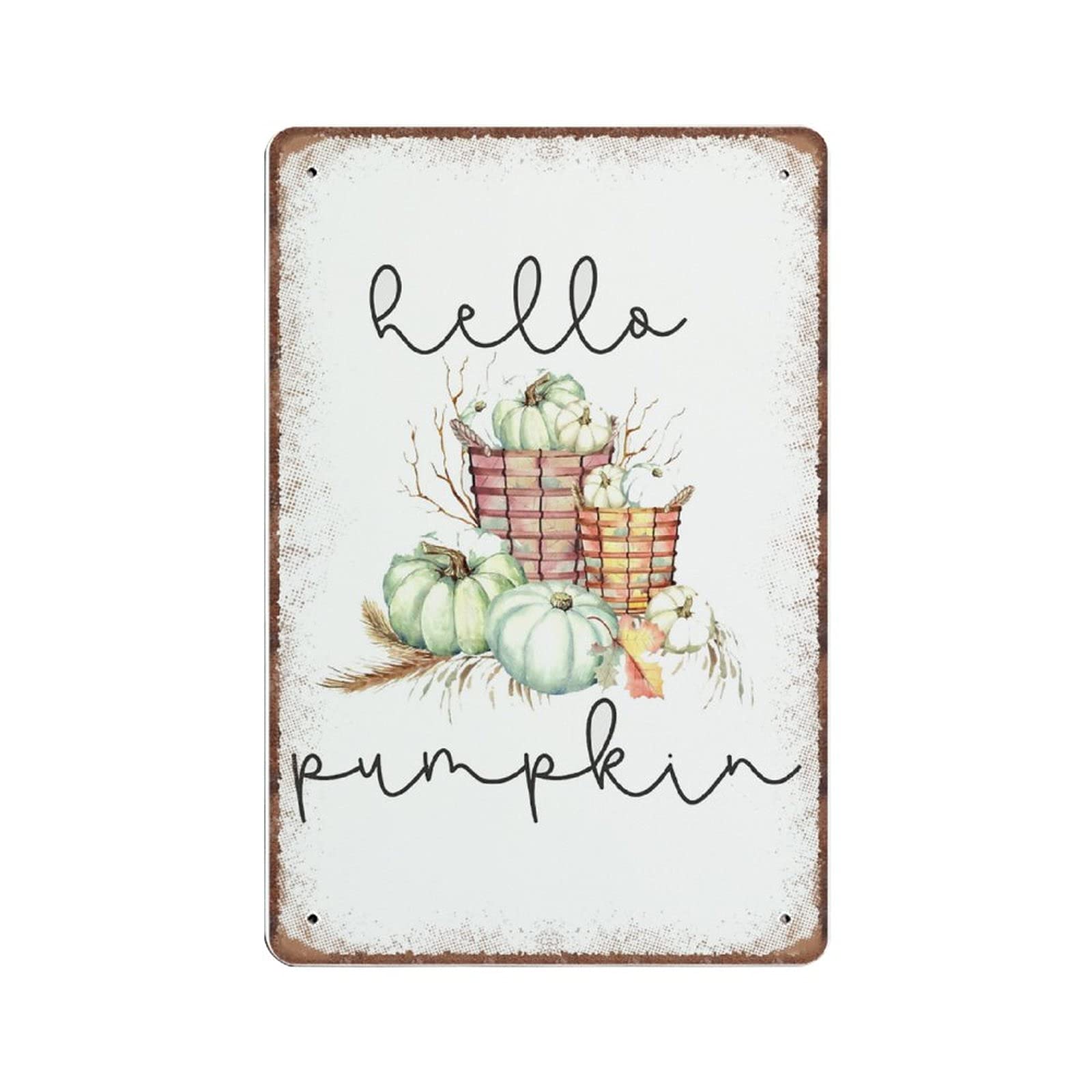 rayprint Hello Pumpkin Tin Signs, Fall Pumpkin Autumn Decor, Retro Funny Metal Sign Vintage Poster Wall Art for Kitchen Garden Bathroom Farm Home Coffee Decor Tin Sign, 20x30 cm