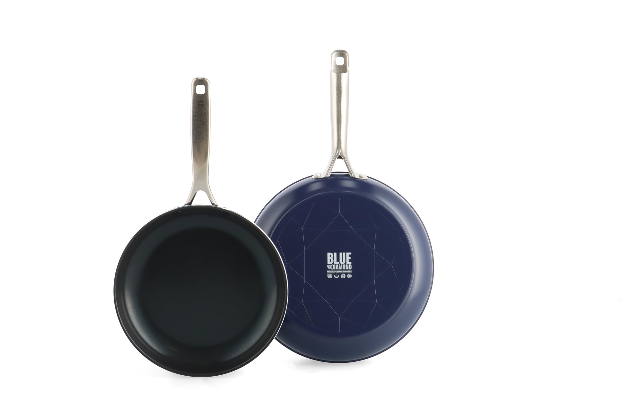 Blue Diamond 9.5” & 11" Nonstick Frying Pan Skillet Set, Diamond Infused PFAS & PTFE-Free Ceramic Pots & Pans, Dishwasher & Oven Safe, Stay Cool Handles, Durable Non Toxic Metal Utensil Safe, Blue