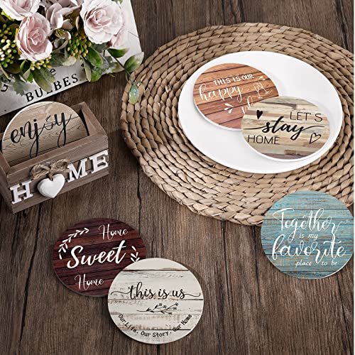 Queekay Housewarming Gifts for Home Decoration Wooden Heart Coasters for Drinks 6 Set Farmhouse Coasters with Holder Funny for Family Coffee Table Protection, 4''(Farmhouse Color)