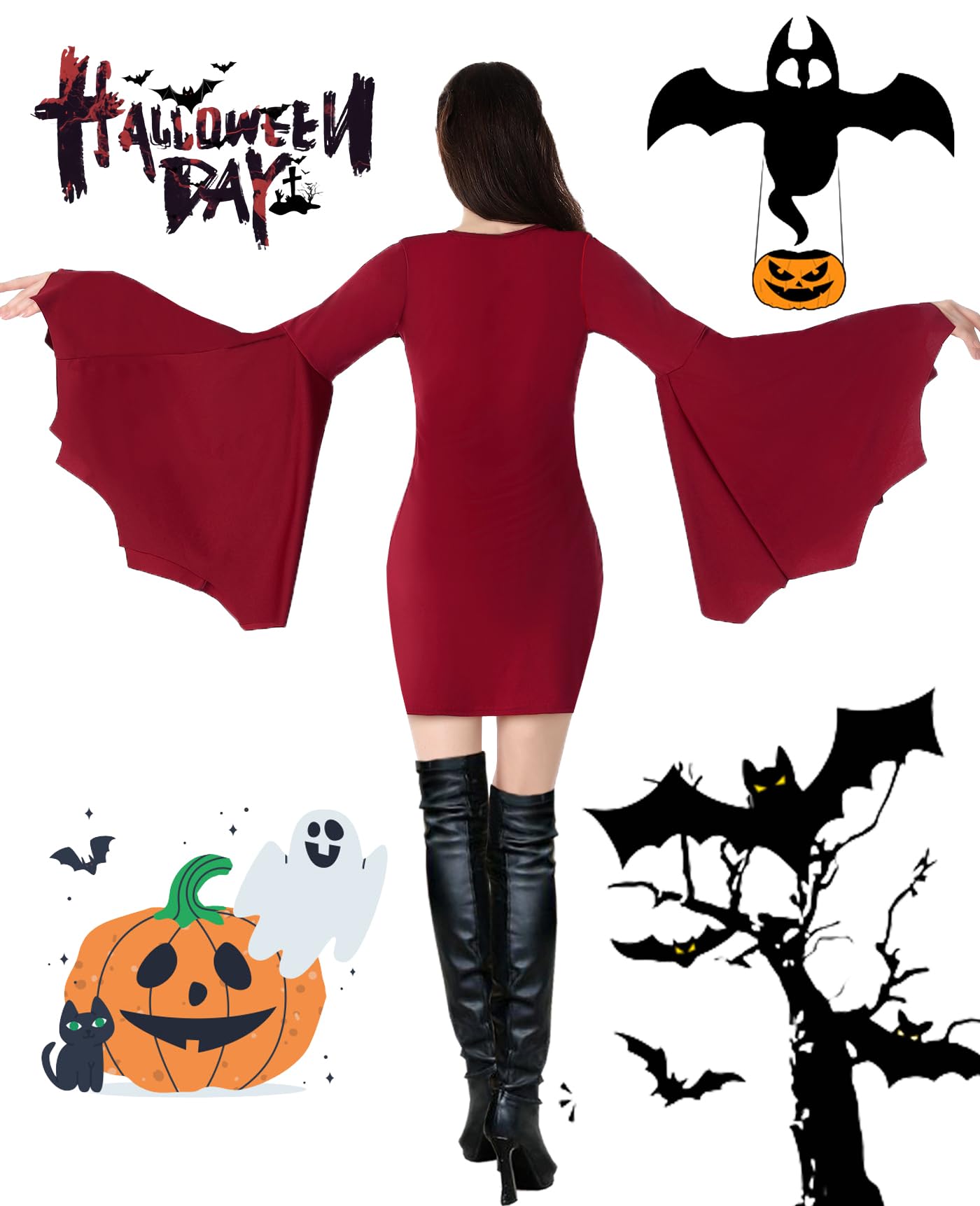 YEAXLUD Costume da vampiro da donna, a maniche lunghe e larghe, costume da Morticia Addams, vestito gotico da strega