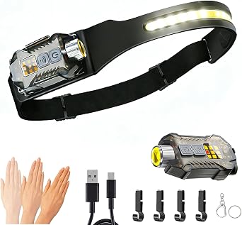 Vitoki Headlamp Rechargeable with Detachable Side Light, 2 in 1 LED Headlamp with Motion Sensor,Hard Hat Head Lamps for Adult in 9 Modes, Headband Light for Forehead for Camping Running Hiking,Black