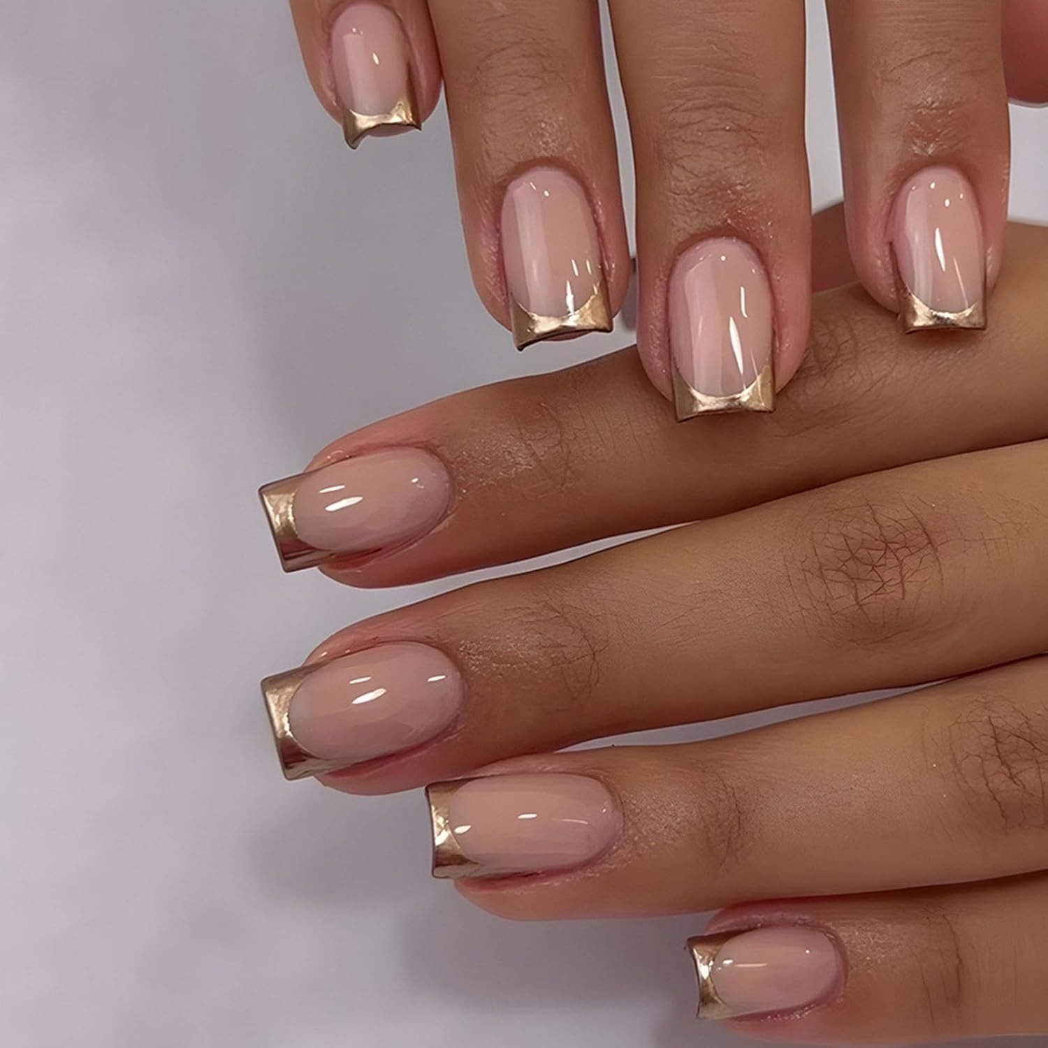 ZOONA 24 Reusable Artificial Fake Nail Set|Base Peach Colour with golden Square Tip Design Glossy Nail |Lightweight & Long Lasting| Easy To Use| Quick Fix For Festivals & Special Occasions-image-23