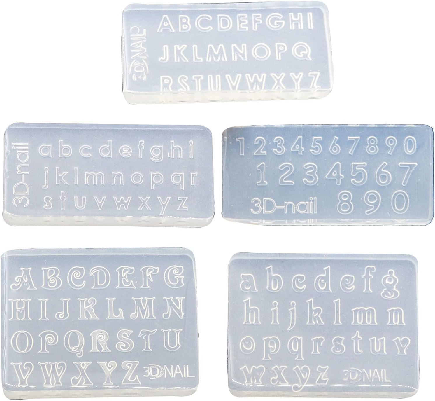 5Pcs Clear Silicone Nail Carving Molds 3D Various Size Numeric Letters Nail Stamping Stencils UV Gel Polish Manicure Mould Nail Art Molds 3D Silicone for Acrylic Rhinestones Nail Art Accessories