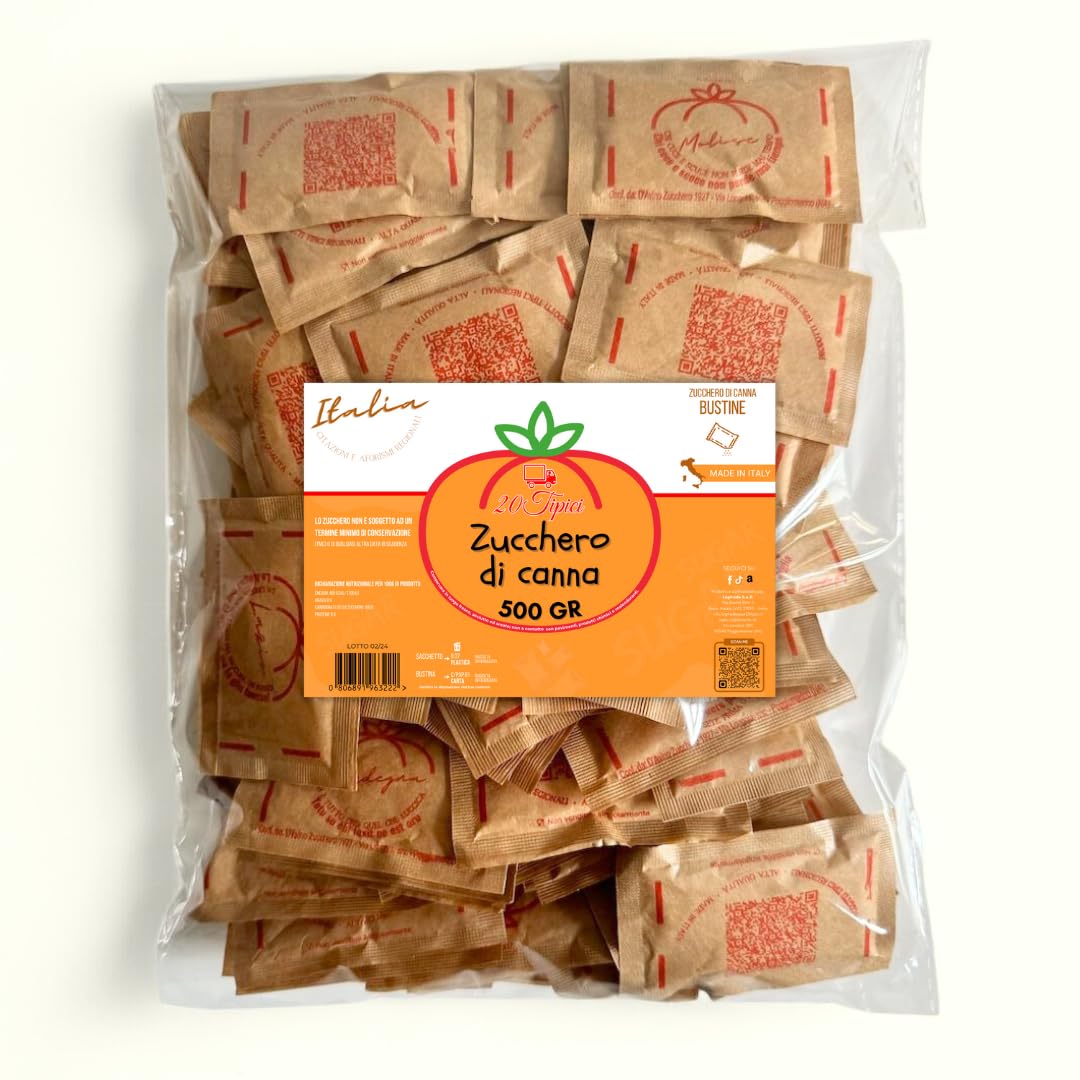Azúcar y Refranes 20tipici - 100 Bolsas de Azúcar Moreno con Citas Italianas - Sobres Monodosis 500G - (500G/100 Bolsas, Azucar moreno)