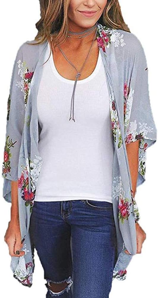 Women's Kimono Cardigan Floral Print 3/4 Sleeve Shawl Chiffon Casual Blouse Tops (Purple Grey,L)