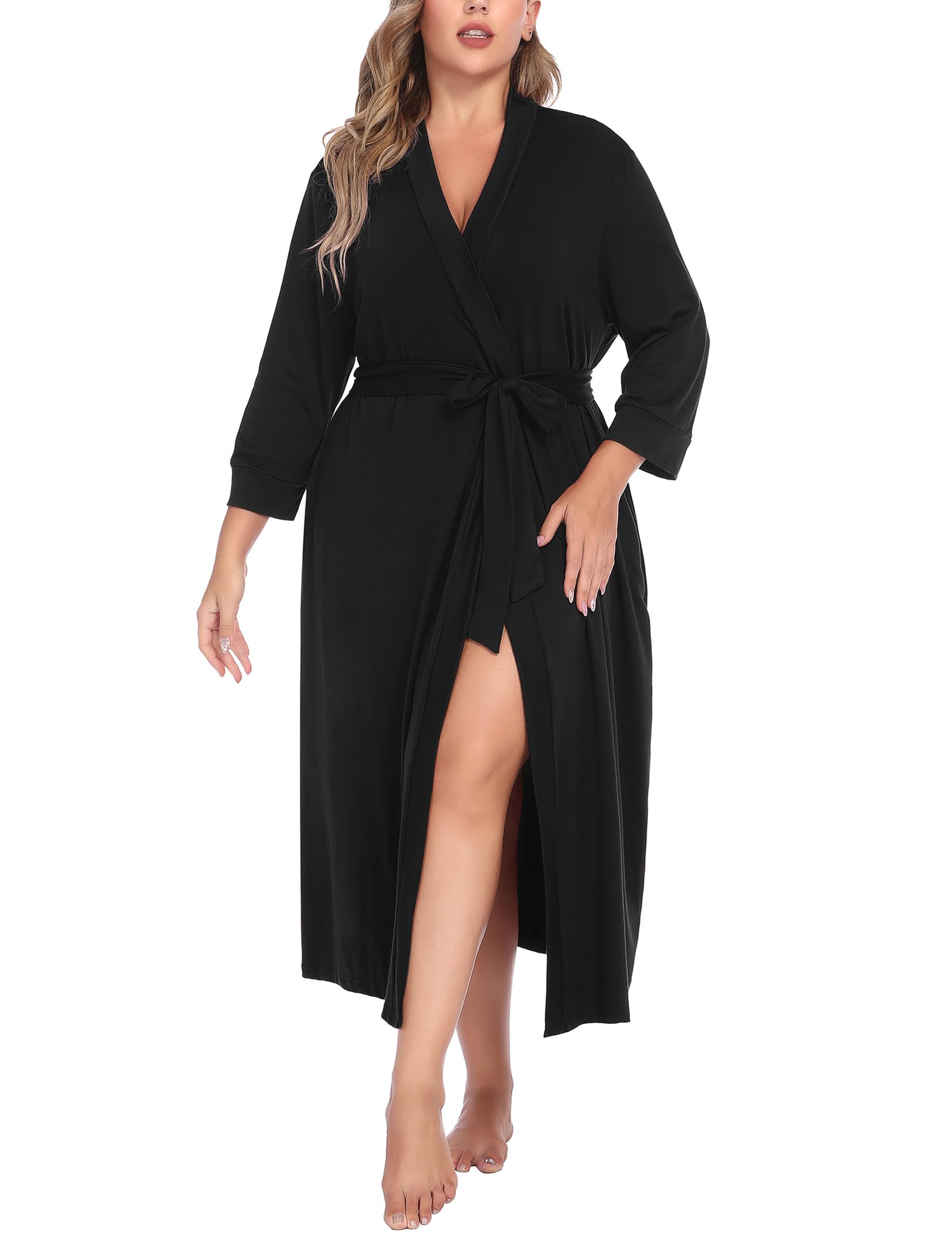 Womens Plus Size Kimono Robes Long Knit Bathrobe V Neck Ladies Loungewear Lightweight Soft Sleepwear 1X-5X