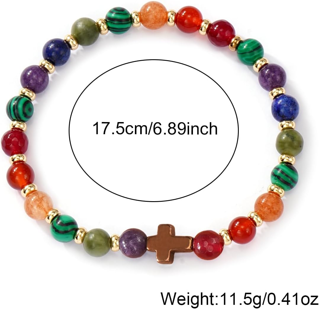 Healing Natural Stone Beaded Bracelet for Women Men Colorful Elastic Stack Crystal Beads Cross Bracelet Friendship Jewelry, Stackable Christian Religious Gifts Inspirational Gifts for Men - Image 6