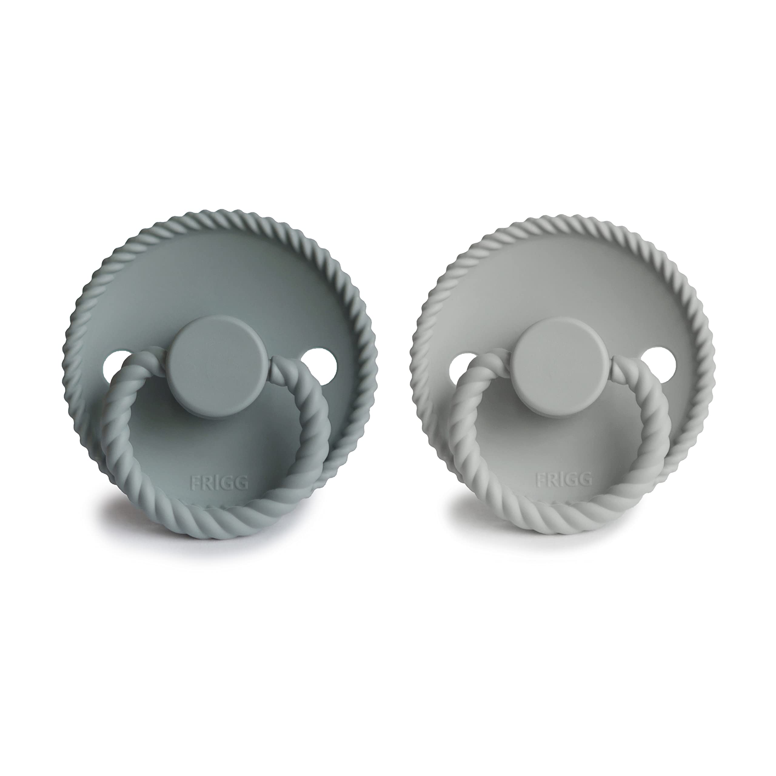 FRIGG Touw siliconen fopspeen | Pack van 2 | SIlkysoft™ Dummy Fopspeen | Nieuw Click-Clock™-systeem | Kersenvormige tepel | BPA vrij | Gemaakt in Denemarken | Frans grijs/zilvergrijs - maat 1 (0-6 maanden