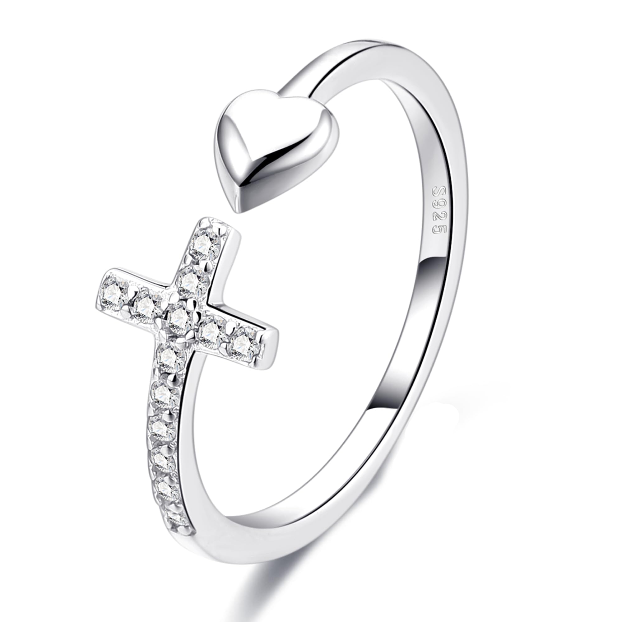 OAOMRIA Easter Basket Stuffers,Christian Gifts S925 Sterling Silver Cross Ring for Daughter Women Cubic Zirconia Adjustable Ring Christian Pray Cross