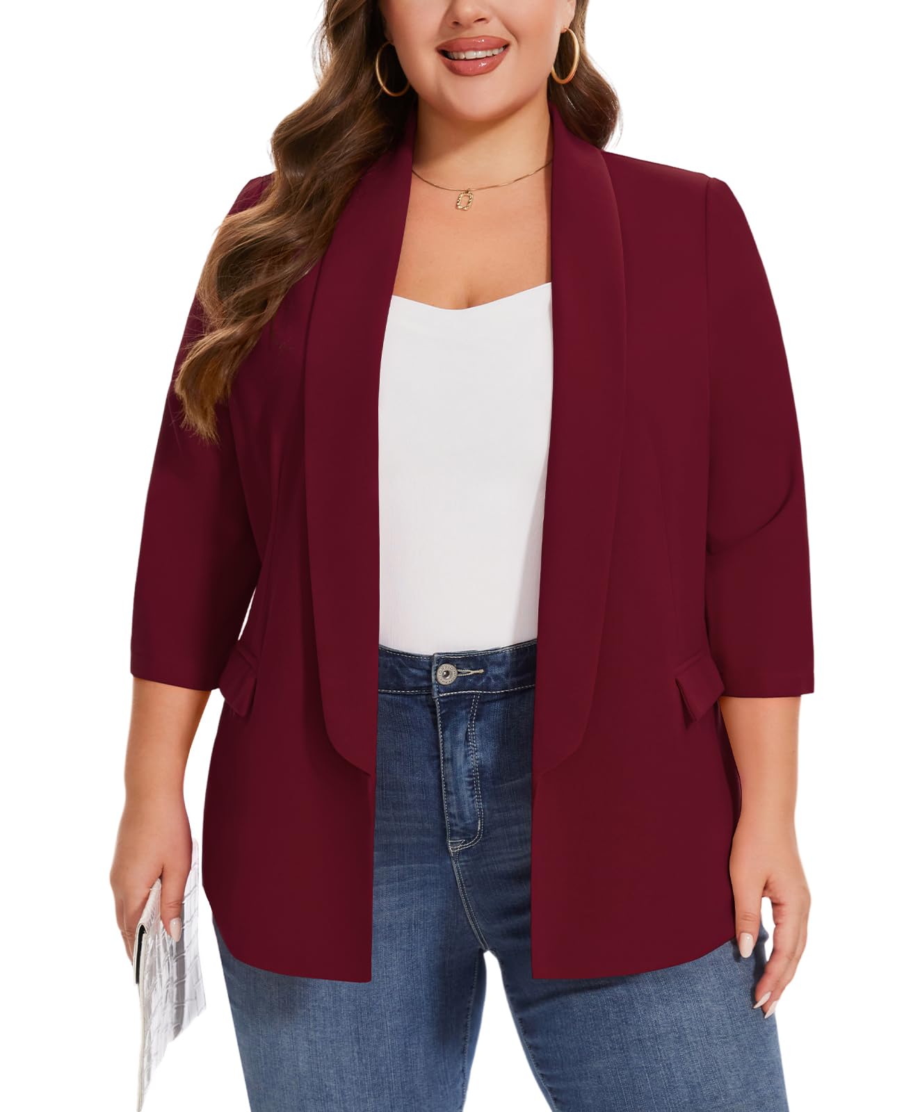Plus Size Blazers for Women Business Casual 3 4 Sleeve Open Front Cardigan Suit Jacket Blazer with Pockets